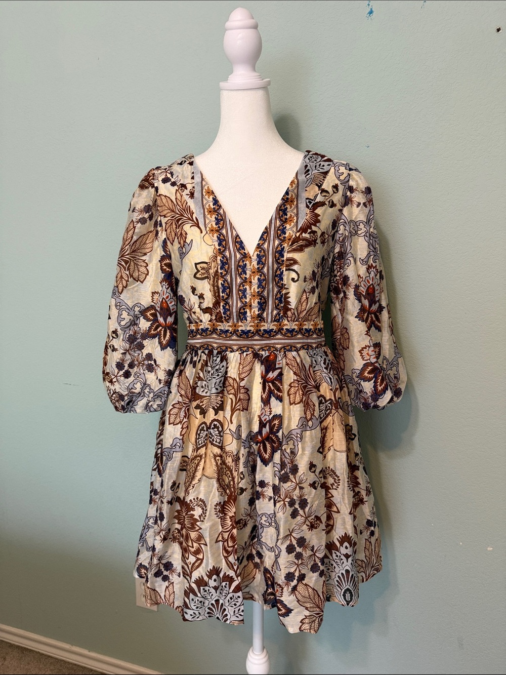 Calypso St. Barth Cream Mini Dress with Brown and Blue Floral Print
